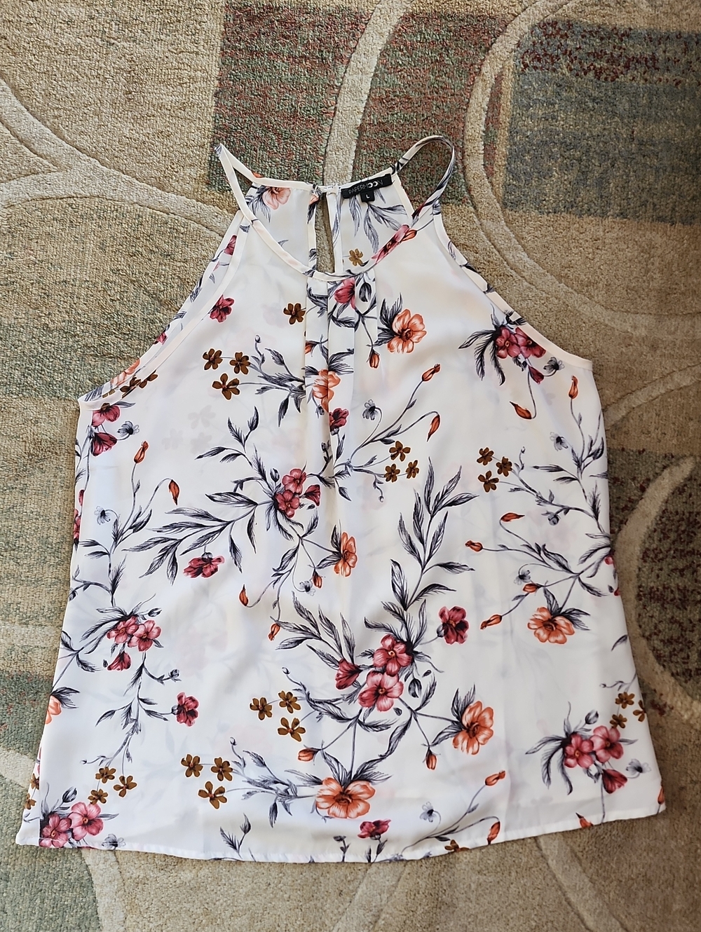 Floral Halter Tank Top - White with Pink & Orange Flowers